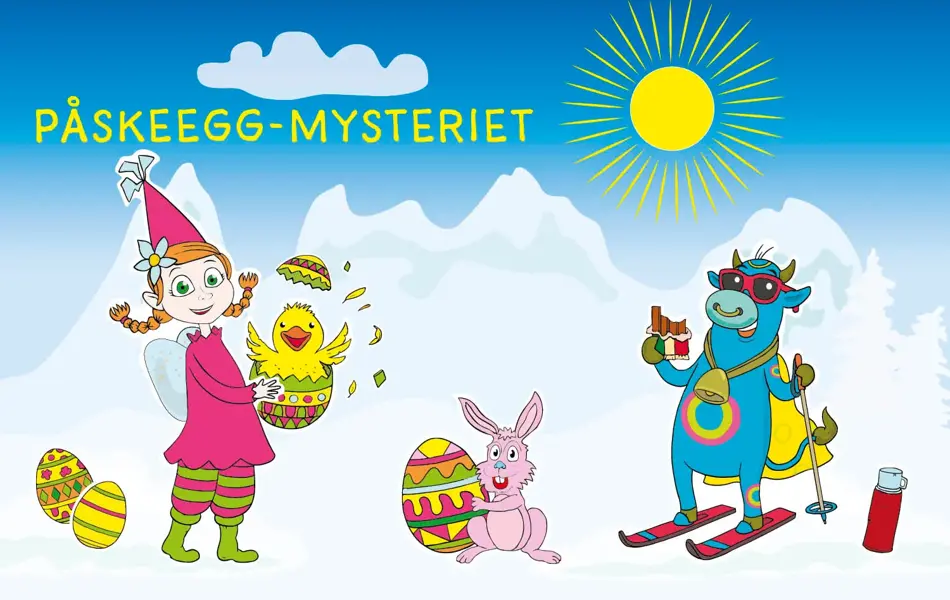 Grafisk bilde med illustrasjon av Amfelia og Oskar med påsketema