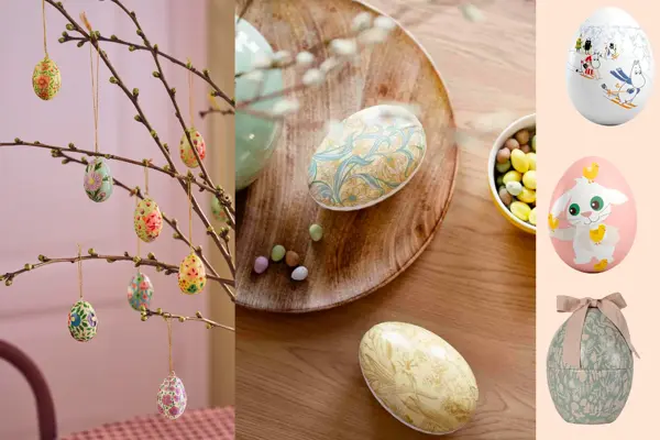 Grener med pynteegg, to påskeegg på et bord, tre påskeegg.