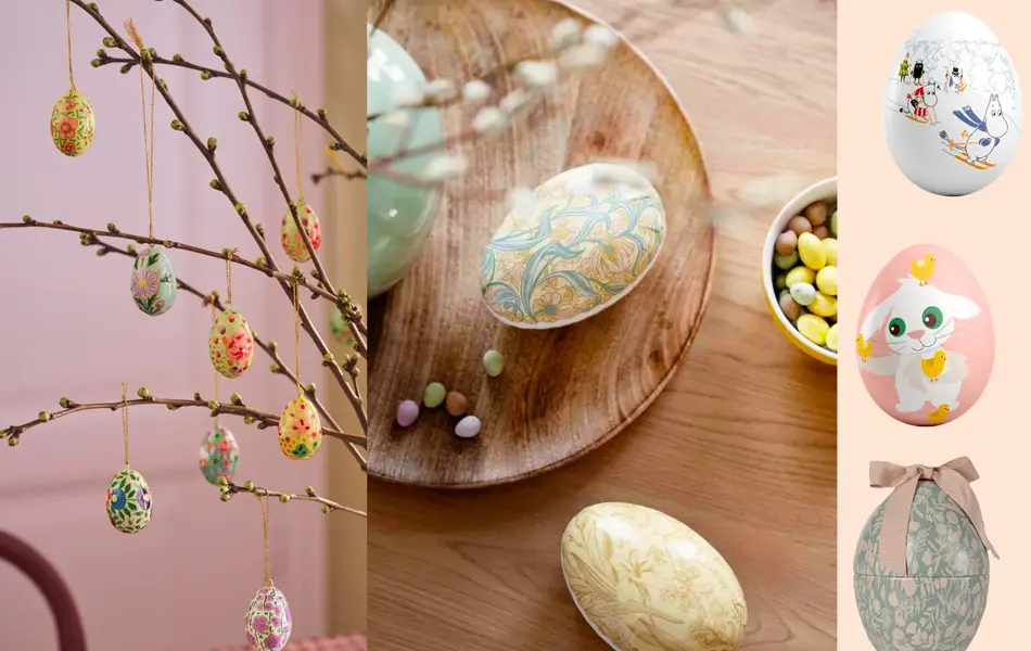 Grener med pynteegg, to påskeegg på et bord, tre påskeegg.