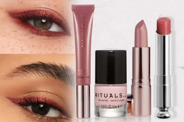 Dame med øyesminke og sminkeprodukter