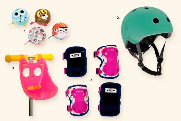 Kollasj med utstyr/tilbehør til sykkel for barn