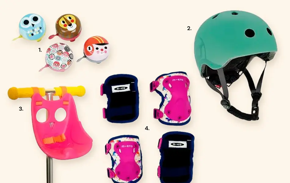 Kollasj med utstyr/tilbehør til sykkel for barn