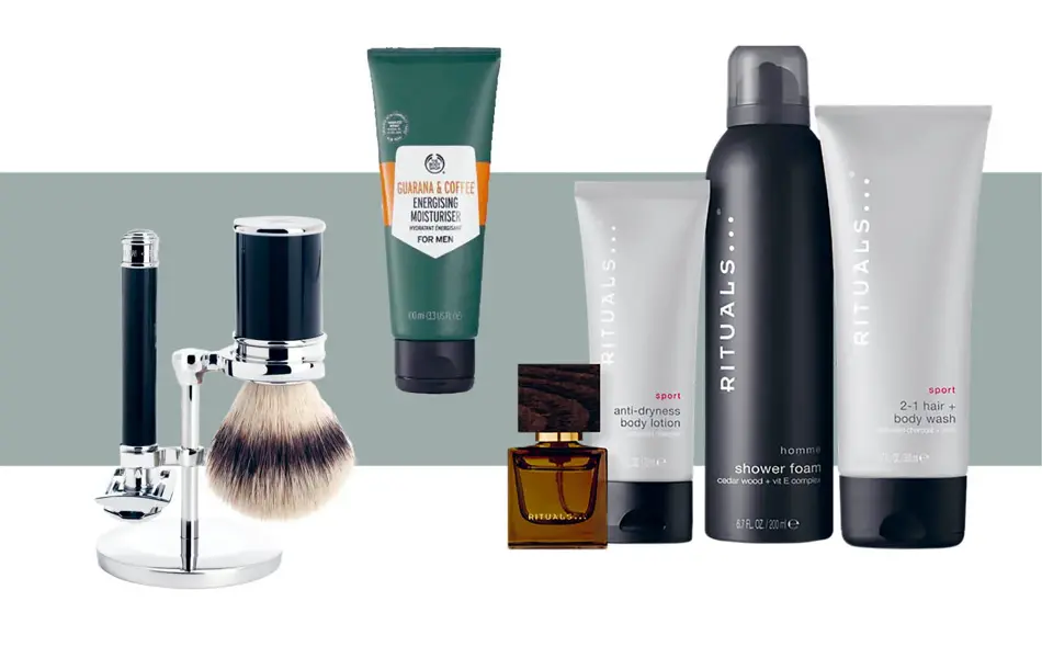 Produktbilder av barbersett, ansiktskrem og gavesett fra Rituals