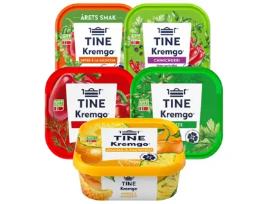 Utvalg av smøreost fra Tine Kremgo’ i forskjellige smaker.