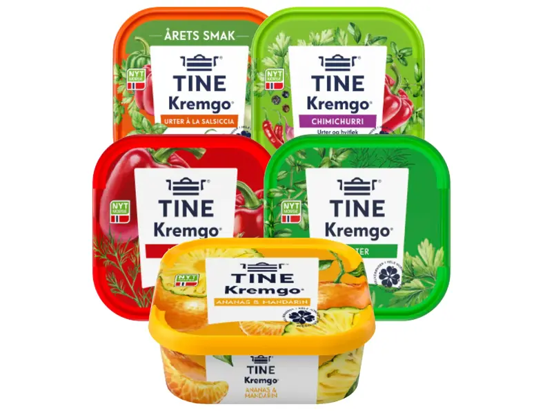 Utvalg av smøreost fra Tine Kremgo’ i forskjellige smaker.