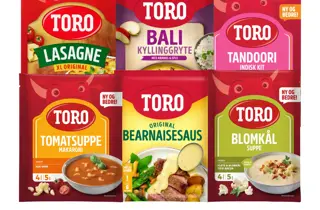 Utvalg av supper, sauser og middagsprodukter fra Toro.