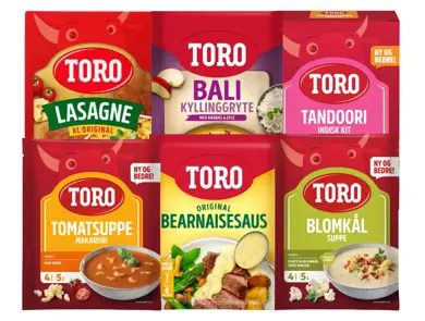 Utvalg av supper, sauser og middagsprodukter fra Toro.