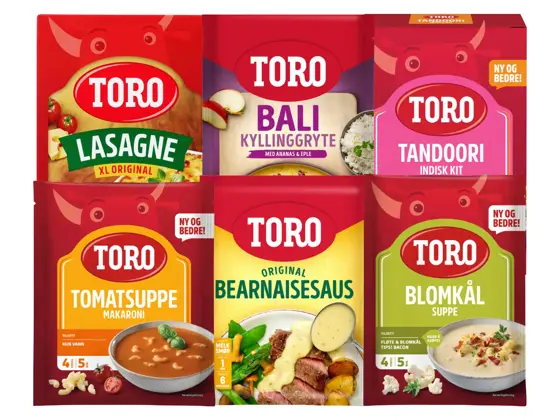 Utvalg av supper, sauser og middagsprodukter fra Toro.