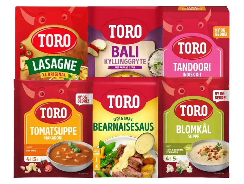 Utvalg av supper, sauser og middagsprodukter fra Toro.