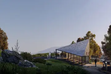 Illustrasjon av park og flerbrukshus ved Sartor Storsenter