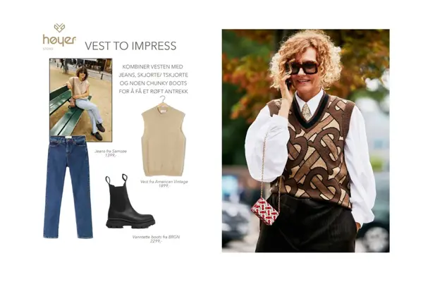 Tekst "vest to impress" produktbilder og dame iført vest