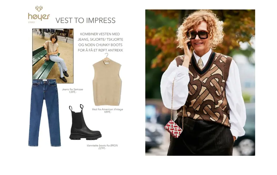 Tekst "vest to impress" produktbilder og dame iført vest