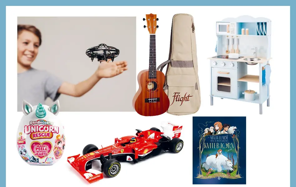Bilde av gutt med drone, gitar for barn, lekekjøkken, rainbowunicorn, fjernstyrt bil og bok
