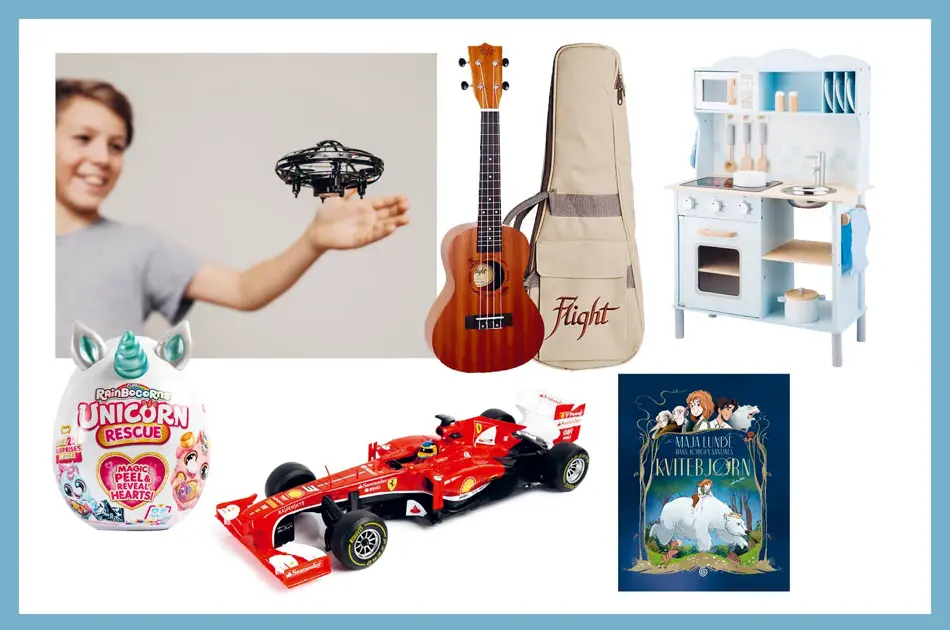 Bilde av gutt med drone, gitar for barn, lekekjøkken, rainbowunicorn, fjernstyrt bil og bok