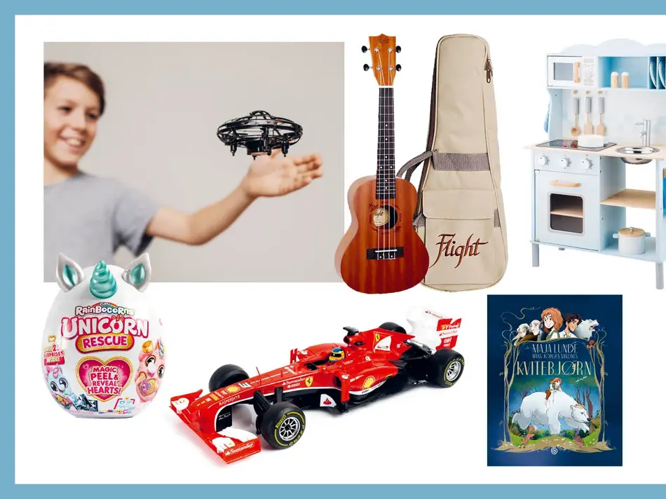 Bilde av gutt med drone, gitar for barn, lekekjøkken, rainbowunicorn, fjernstyrt bil og bok