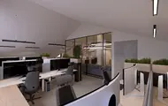 Illustrasjonen viser et kontorprosjekt på Thon Senter Sartor. På bildet ser man et åpent kontorlandskap med arbeidsstasjoner.
