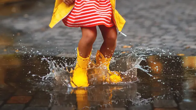 happy child in yellow rubber boots  in puddle on an autumn walk