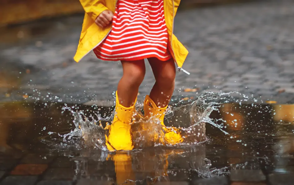 happy child in yellow rubber boots  in puddle on an autumn walk