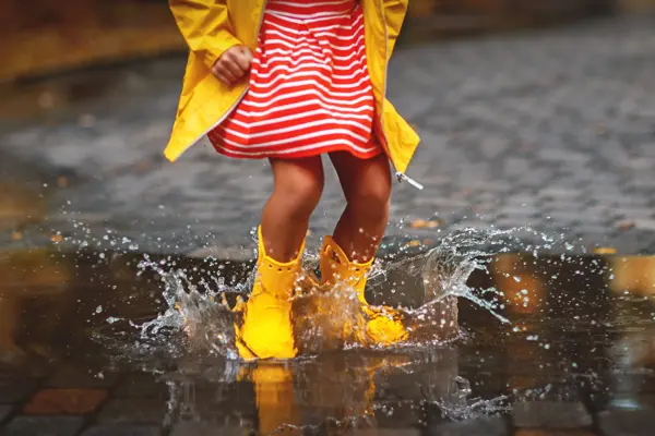happy child in yellow rubber boots  in puddle on an autumn walk