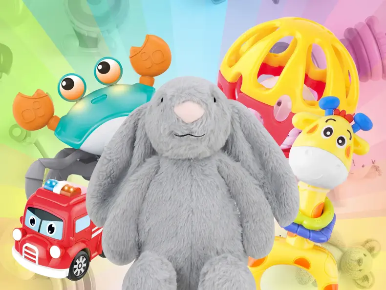 Flere forskjellige barneleker, som kosebamse og brannbil.