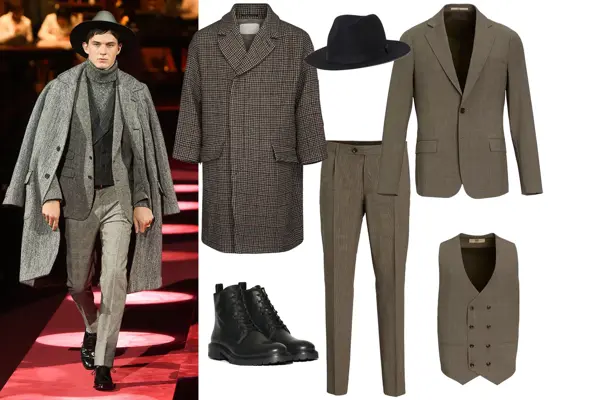 mann i grått antrekk, et utvalg av kåper, dress, og tilbehør og grått og svart