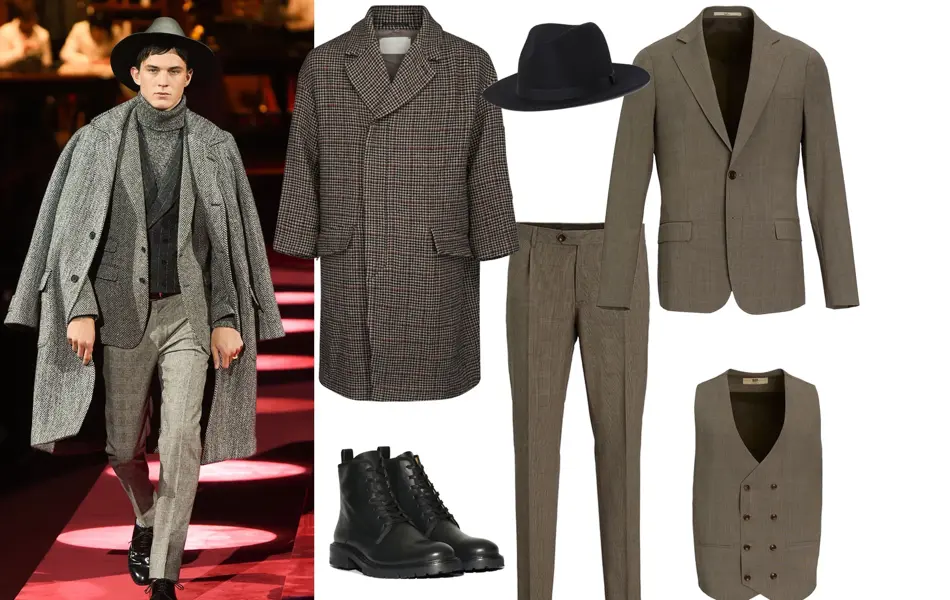mann i grått antrekk, et utvalg av kåper, dress, og tilbehør og grått og svart