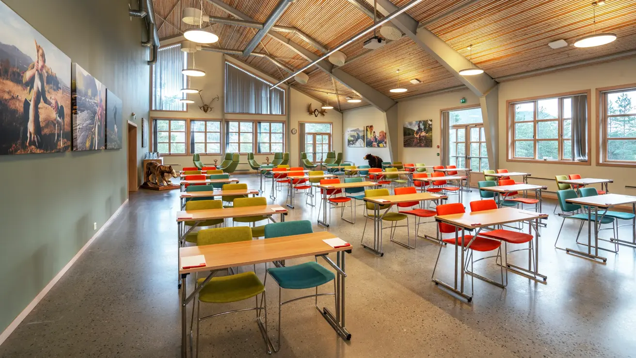 Konferanselokale med klasseromsoppsett, fargerike stoler, mange vinduer og lys i taket.