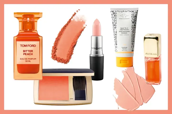 Kollasje med Tom Ford parfyme, rouge, leppestift, solkrem og lipgloss.