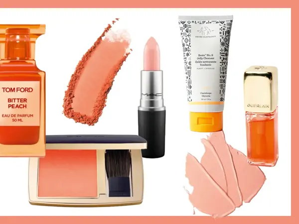 Kollasje med Tom Ford parfyme, rouge, leppestift, solkrem og lipgloss.