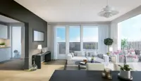 3D-illustrasjon av stue i Storotunet med hvite og grå vegger, store vinduer og treparkett