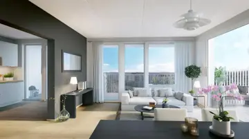 3D-illustrasjon av stue i Storotunet med hvite og grå vegger, store vinduer og treparkett