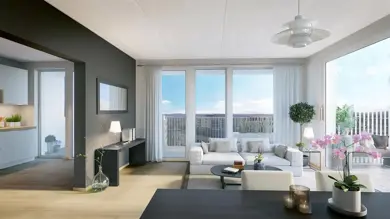 3D-illustrasjon av stue i Storotunet med hvite og grå vegger, store vinduer og treparkett
