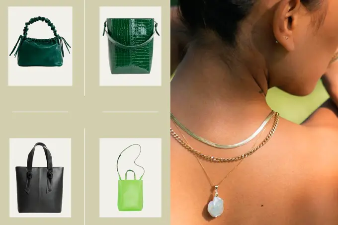 Montasje av vesker og dame med smykker