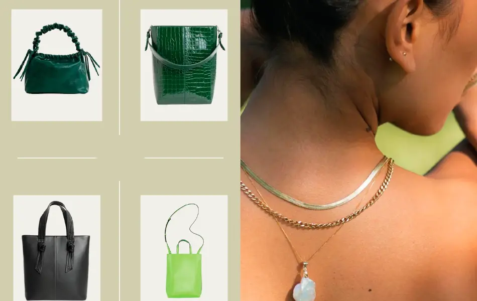 Montasje av vesker og dame med smykker