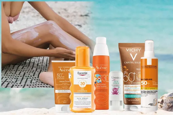 Kollasj av forskjellige solkremer