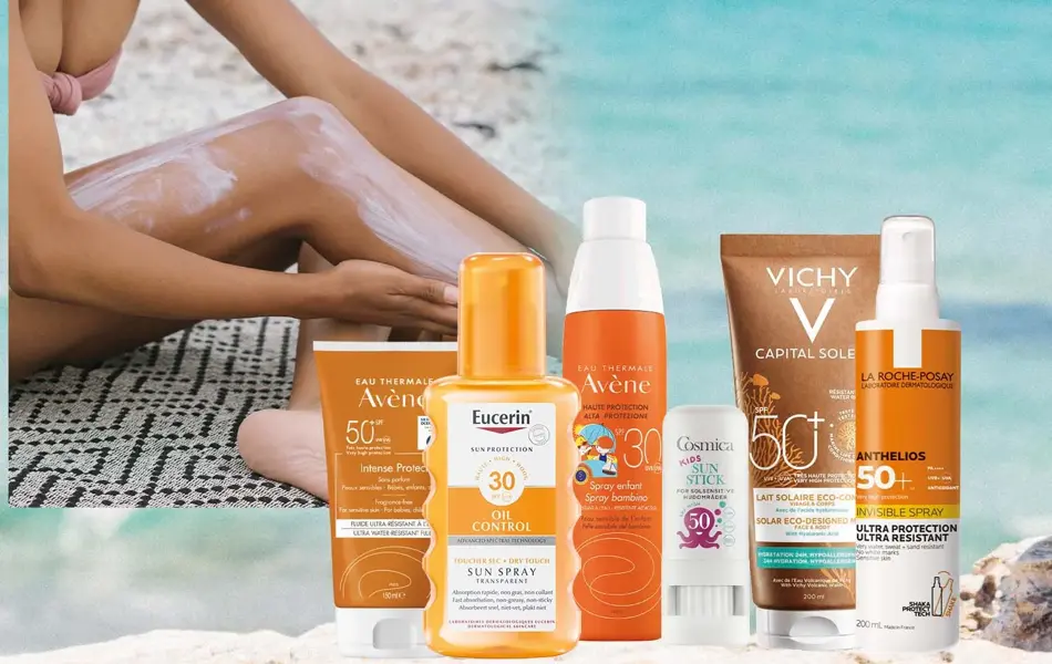 Kollasj av forskjellige solkremer