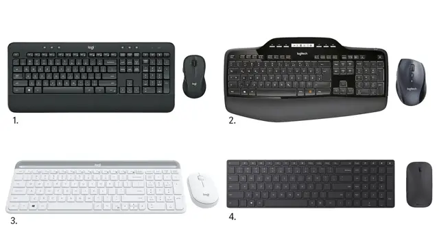 kollasj av fire forskjellige sett med tastatur og mus