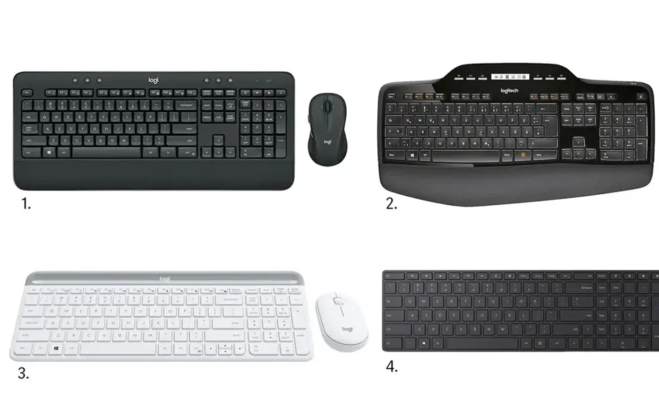 kollasj av fire forskjellige sett med tastatur og mus