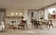 3D illustrasjon av stue og kjøkken interiør i en leilighet i Heggedal Hage.