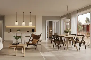 3D illustrasjon av stue og kjøkken interiør i en leilighet i Heggedal Hage.