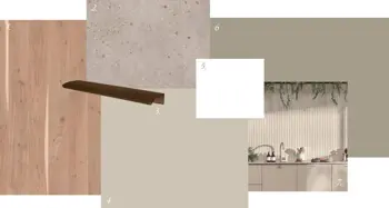 Grafikk viser illustrasjon av stilpakke 2 i Heggedal Hage, med vegger i beige og lys parkett