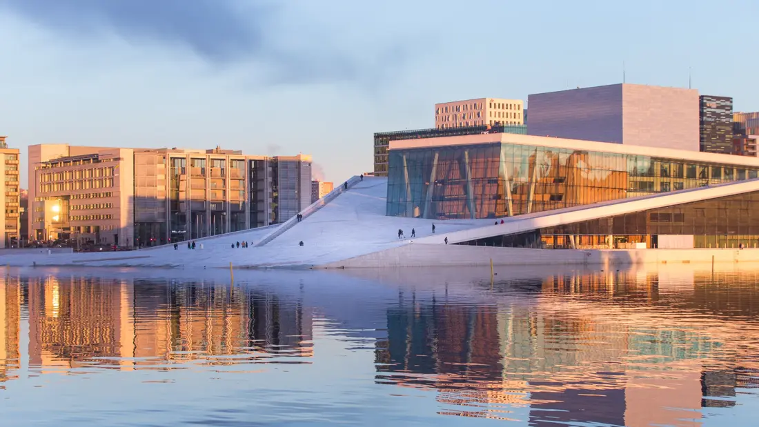 Cityscape of Oslo, Norway. The new Oslo Opera House to the right.The new business district has been built over a 10 years period and the skyscrapers are called "barcode".