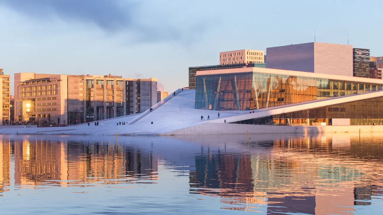 Cityscape of Oslo, Norway. The new Oslo Opera House to the right.The new business district has been built over a 10 years period and the skyscrapers are called "barcode".