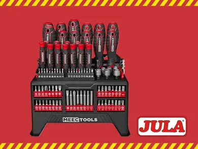 En hylle for verktøy med alle biter fra Meec Tools.