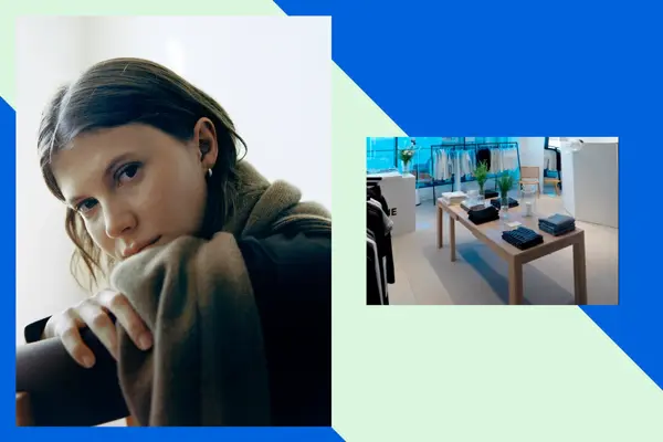 Julie Josephine pop up butikk og modell med antrekk.
