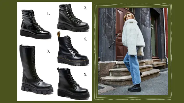 Kollasj av fem produktbilder av sorte skinnboots