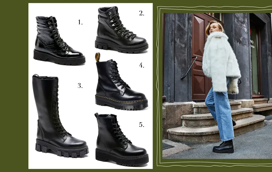 Kollasj av fem produktbilder av sorte skinnboots