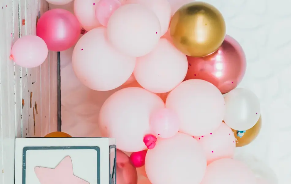 pink gold and beige balloons photo wall decoration for birthday or party