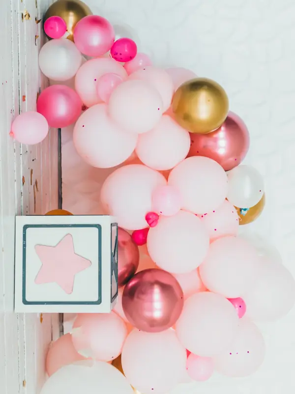 pink gold and beige balloons photo wall decoration for birthday or party