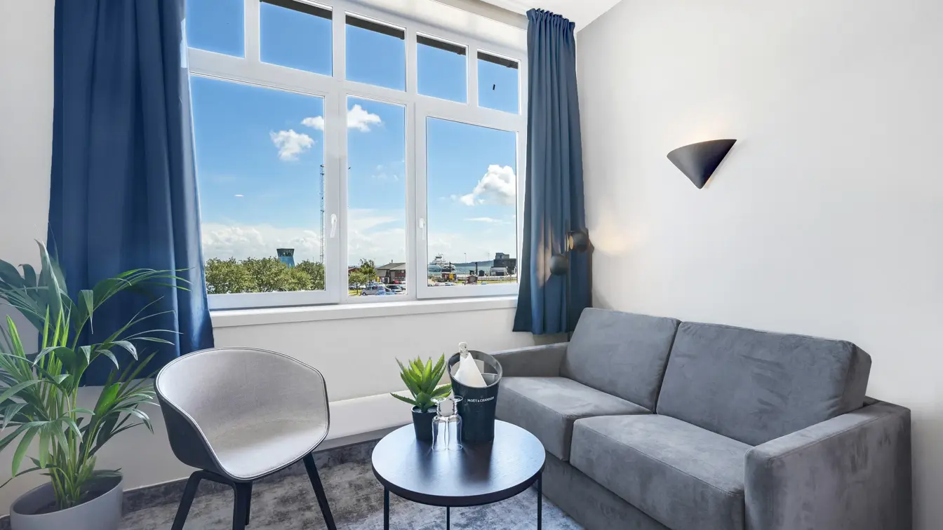 HVite vegger, vindu, blå gardiner, grå sofa, lenestol, salongbord, planter 